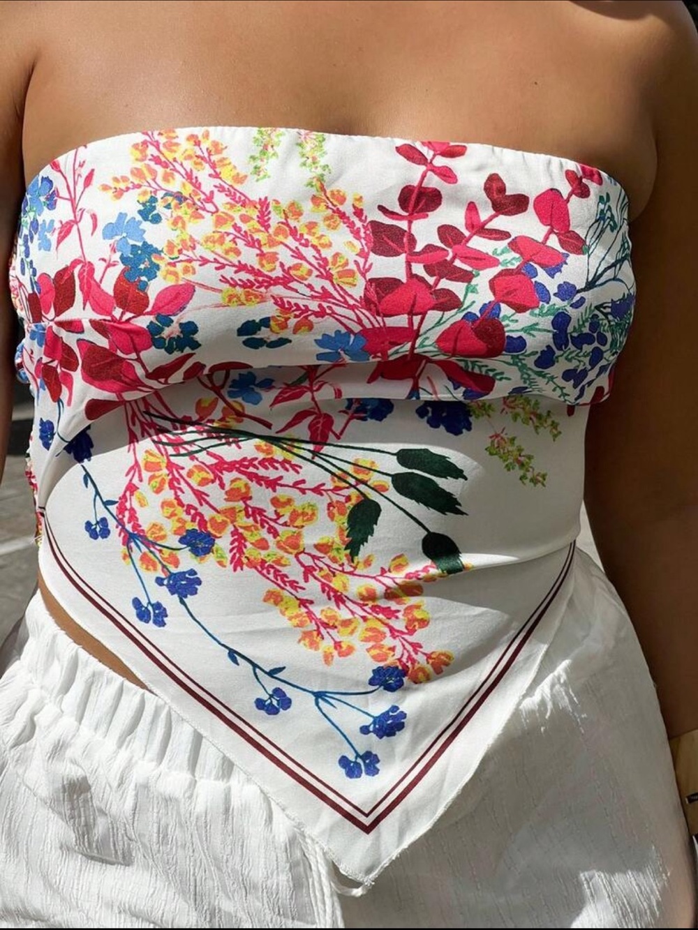 SHEIN White Floral Strapless Bandana Crop Top